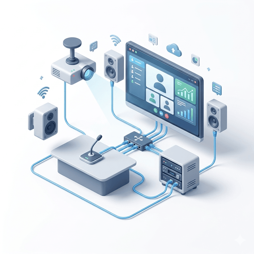 Audio Visual System Integration by Layerix Networks – conference room setup with displays and sound equipment